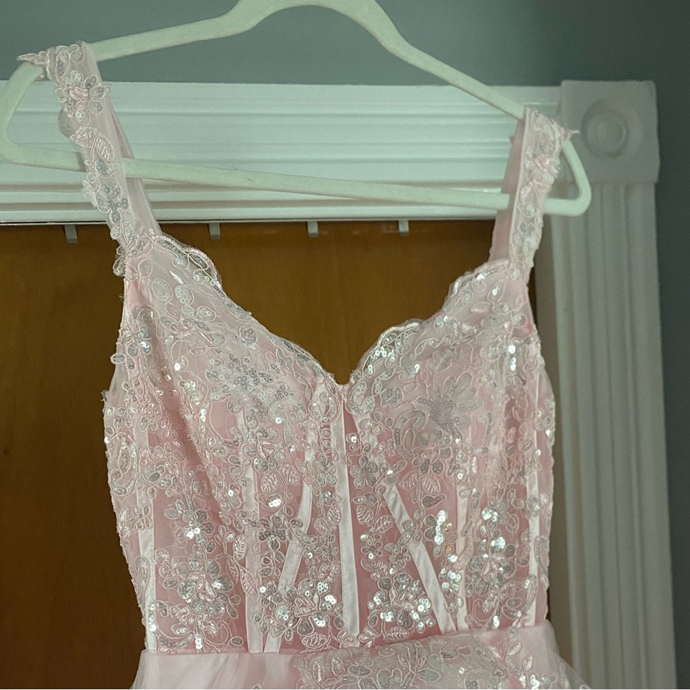 Off the shoulder long pink prom dress with thigh high slit - Picture 2 of 5